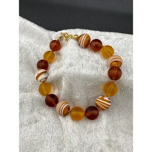 Vintage Glass Beaded Bracelet Brown Tones Stripes 7.5"